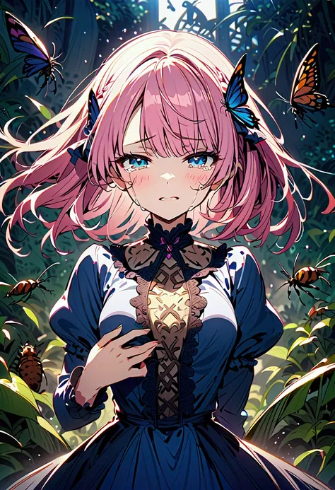 hordes of insects、girl with pink hair、crying face、blue eyes