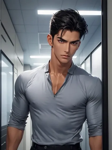 1 boy,Handsome，tall and strong,perfect male figure, eyes looking at camera, ((tanned skin)),office，attractive，black hair,serious expression,Ray tracing