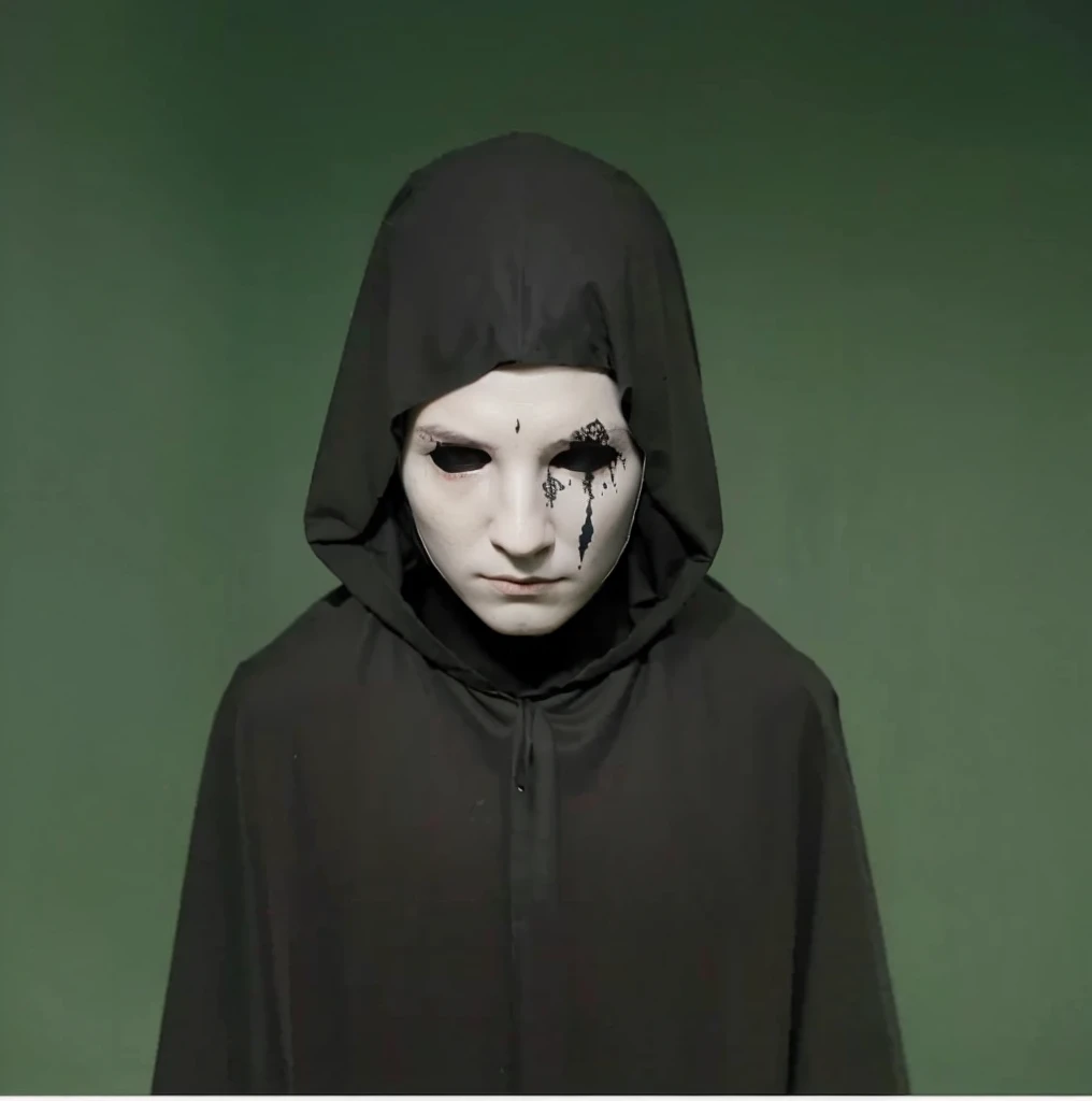 a medieval man wearing a black cloak,  mask, medieval clothing, detailed mask , dramatic lighting, cinematic, dark fantasy, moody atmosphere, chiaroscuro , white mask , black blood under the eye
