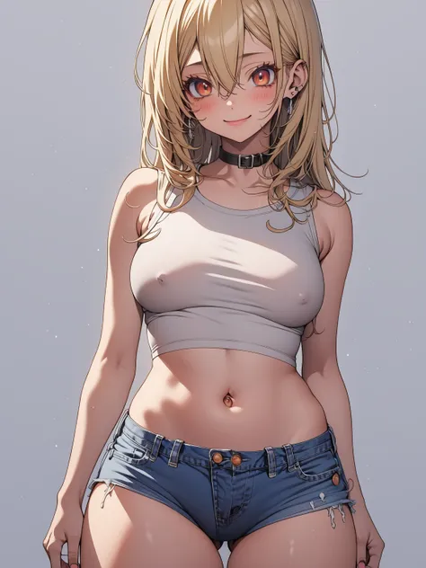 アニメ,  アニメ, 2d, 18-years old, 18-years old, (((whole body))), very kawaii, ssmile, labia lips, seductive ssmile, standing alone, Scrawny, breasts big, Plain White T-Shirt, tight shorts, shorts, dynamic angle, no back ground, White background, gazing at view...