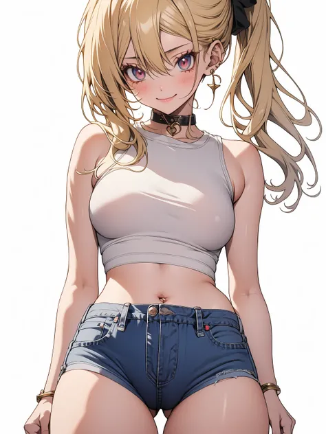 アニメ,  アニメ, 2d, 18-years old, 18-years old, (((whole body))), very kawaii, ssmile, labia lips, seductive ssmile, standing alone, Scrawny, breasts big, Plain White T-Shirt, tight shorts, shorts, dynamic angle, no back ground, White background, gazing at view...