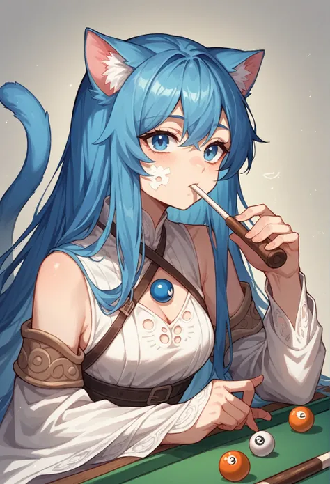 One Girl，long hair，Dwarf，Half naked，Having a meal，Drinking thick white liquid，Sprinkle on face，Blue Hair，The left leg is worn with white silk，Black silk on the right leg，Cat tail，Cat ear，blue eyes，Billiard cues，