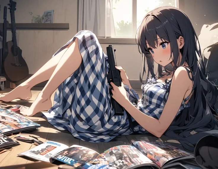 Beautiful girl shooting a gun、Changing magazines、Blue and white checked dress、barefoot、Military boots