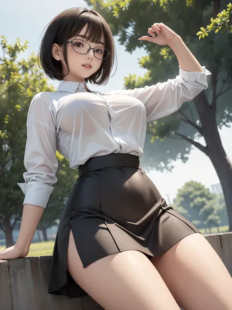 Mature Woman　(short hair)　(Black short bob hair)　plump　　Attractive appearance　Short brown hair with bangs　Rimless Glasses　Big eyes　Expressions of joy　　Very large breasts　A tight fitting light grey shirt and a super short light brown flared skirt　at the par...