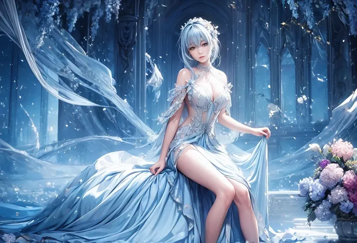 masterpiece, a beautiful woman, oil paintings, a beautiful dress, fantasy, light blue hair,