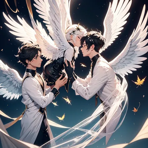 Two male angels falling from heaven, one has black wings and the other has white wings, they are wearing a transparent white velvet, they have autumn ornaments on their heads