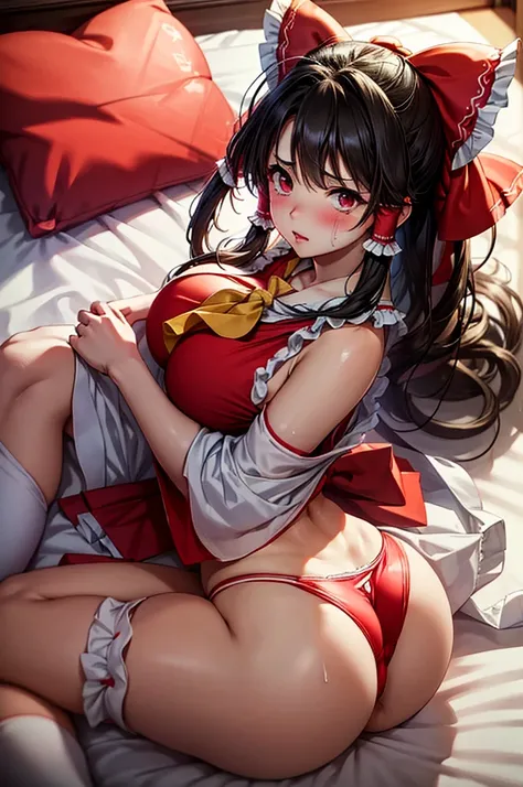 Reimu Hakurei　futonに四つん這い　Creampie 、Watery eye、Sweaty、White Knee Socks　Frilled Panties　Cramp　disgusted face　Semen all over the body　Big Breasts、cum in pussy　Butt　（Subjective　View from above the back）(background　futon)