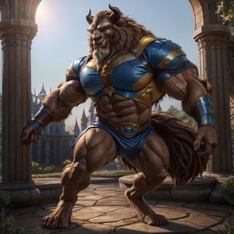 A realistic image of the Beast from the movie Beauty and the Beast, super muscular giant, with muscular arms, blue eyes, a tail, super furry with brown fur, horns facing backwards, wearing a yellow and blue X-Men uniform, with veins bulging, barefoot, in t...