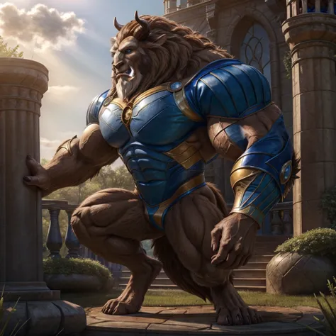 a realistic image of the beast from the movie beauty and the beast, super muscular giant, with muscular arms, blue eyes, a tail,...