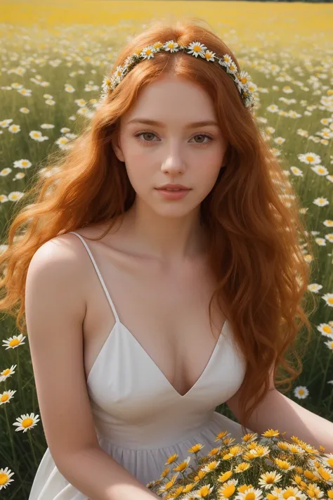 (girl:1.2),alone, (long curly ginger hair:1.1), Brown eyes, Wear a crown of daisies on your head., Sit in a field of daisies, (Fruit basquet:1.1),naked,sinropa,RAW,photographic,photographic shadows,actual,ridiculous,aesthetic,elegant,unclothed,
