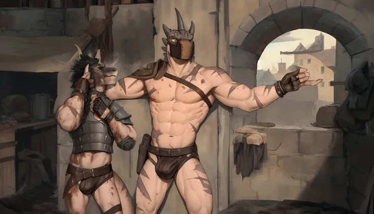 Solo Sexy young anthro scalie reptile dragon male mercenary medieval solider, tall and slim slimin hips muscular, anthro handsome gay shorter muzzle, handsome gay model male apperance, sword scars, worn out leather skimpy armament, low on hips heavy leathe...