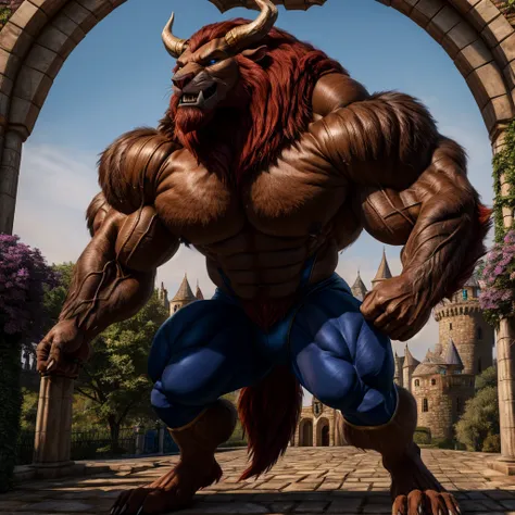 a realistic image of the beast from the movie beauty and the beast, super muscular giant, with muscular arms, blue eyes, a tail,...