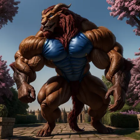 a realistic image of the beast from the movie beauty and the beast, super muscular giant, with muscular arms, blue eyes, a tail,...