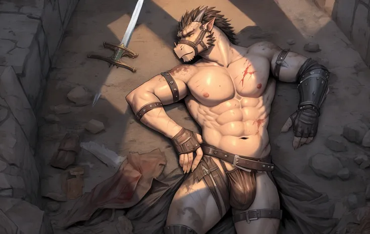 Solo Sexy young anthro scalie reptile dragon male mercenary medieval solider, tall and slim slimin hips muscular, anthro handsome gay shorter muzzle, handsome gay model male apperance, sword scars, worn out leather skimpy armament, low on hips heavy leathe...