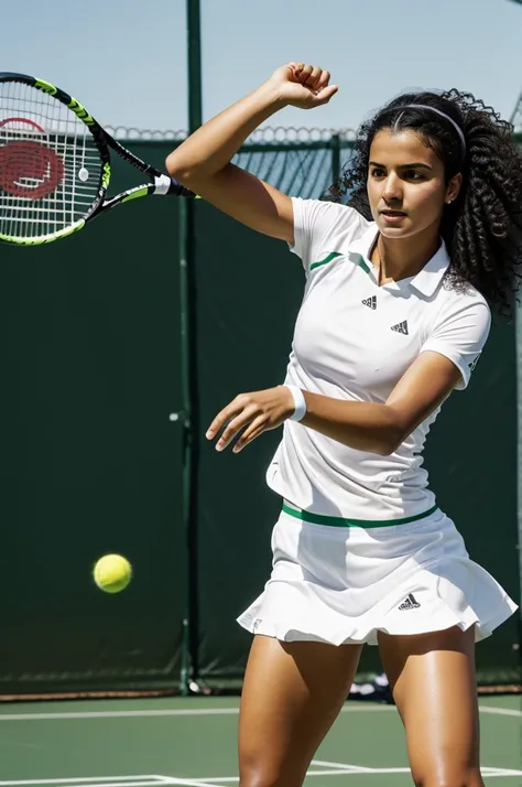 Portuguese black hair, squared, wavy, play tennis, shooting photo