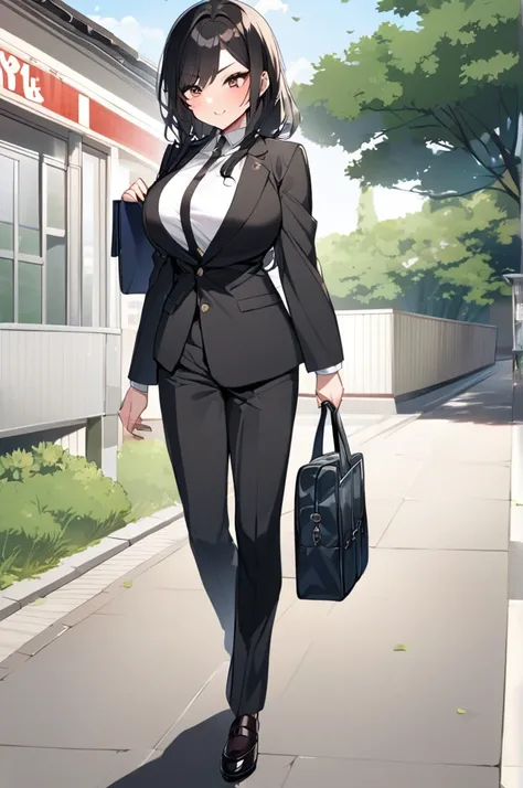 Demon woman, big breasts, tomboy style, long black hair,Dressed in a Japanese , holding a Japanese school bag, walking to a high school 