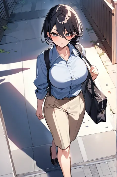 Demon woman, big breasts, tomboy style, long black hair,Dressed in a Japanese , holding a Japanese school bag, walking to a high school 