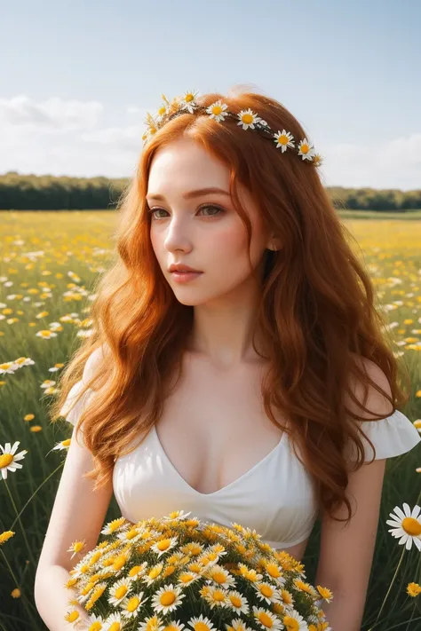 (girl:1.2),alone, (long curly ginger hair:1.1), Brown eyes, Wear a crown of daisies on your head., Sit in a field of daisies, (Fruit basquet:1.1),Bikini,stupid,RAW,photographic,photographic shadows,actual,ridiculous,aesthetic,elegant
