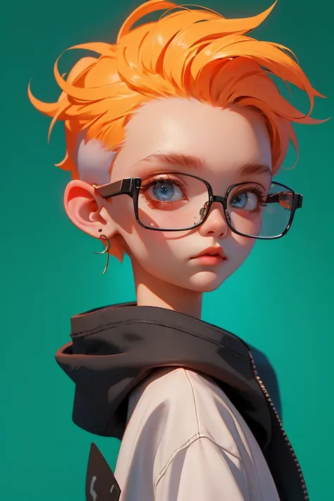 Blind Box,Simple Background,Extraordinary wide portrait of microscopic unknown little small 愛らしい cyberpunk alien species over orange tech style of high tech fashion professional photography, 8K, White blonde shaved head,Boy with glasses