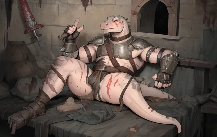 Solo Sexy young anthro scalie reptile dragon male mercenary medieval solider, tall and slim slimin hips muscular, anthro handsome gay shorter muzzle, handsome gay model male apperance, sword scars, worn out leather skimpy armament, low on hips heavy leathe...