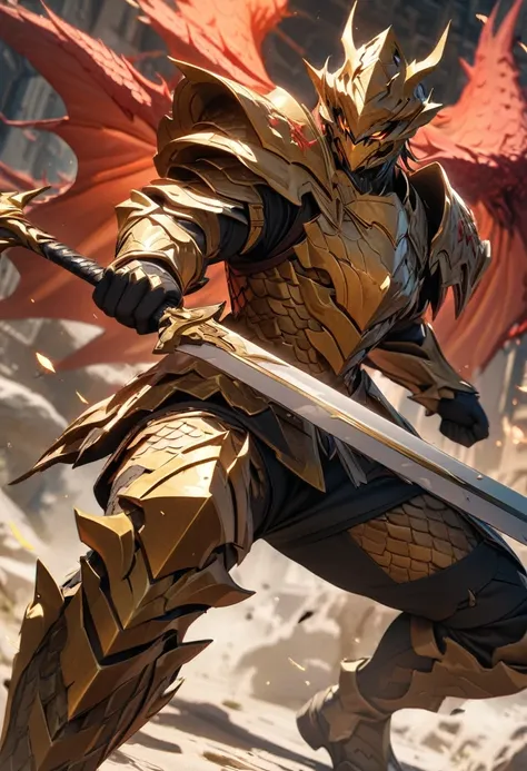 masterpiece, 8k, best quality, highly detailed, a warrior wearing simple armor wielding a two handed sword made of yellow & red dragon scales