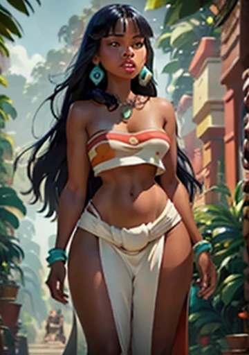 Chel ,the road to el dorado, imagen de body completo 1.2 slender big and well defined breasts, body, average height, long black hair, voluminous and red lips, Brown eyes, Wide hips and thin waist, Typical loincloth of pre-Hispanic cultures , gemstone brace...