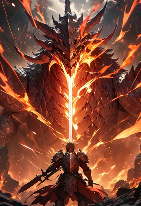 masterpiece, 8k, best quality, highly detailed, a warrior wearing simple armor wielding a two handed sword made of yellow & red dragon scales with fire & lightning surrounding the sword