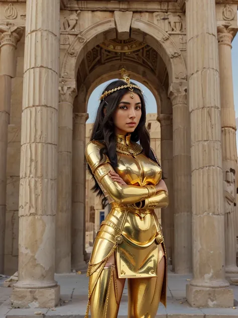 arafed woman in a gold costume posing in front of a building, golden goddess athena, beautiful goddess, android girl in egyptian ruins, ancient goddess, egyptian princess, extremely detailed goddess shot, goddess queen, beautiful cleopatra, golden goddess,...