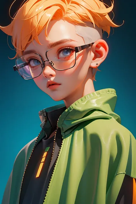 Blind Box,Simple Background,Extraordinary wide portrait of microscopic unknown little small 愛らしい cyberpunk alien species over orange tech style of high tech fashion professional photography, 8K, White blonde buzz cut,Boy wearing transparent glasses