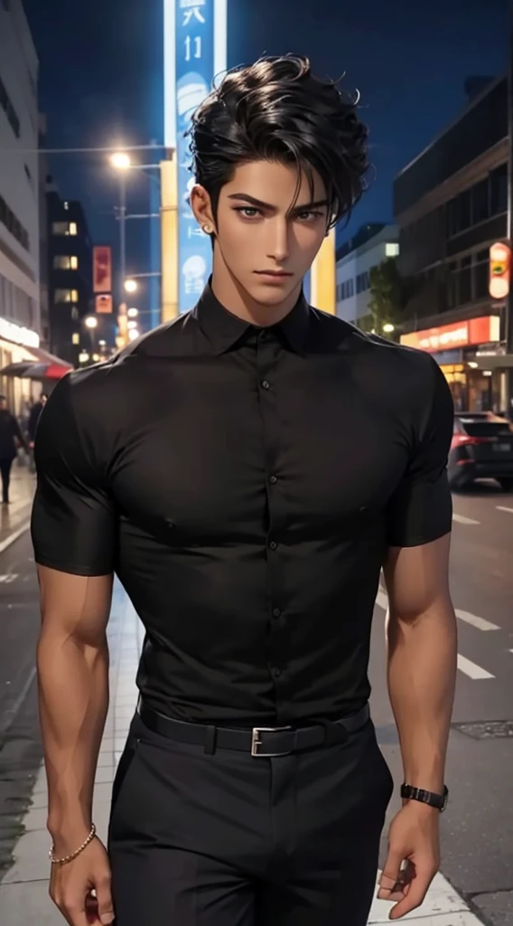 1 boy,Handsome，tall and strong,perfect male figure, eyes looking at camera, ((tanned skin)), night city, sidewalk，feather hair accessories，black hair,serious expression