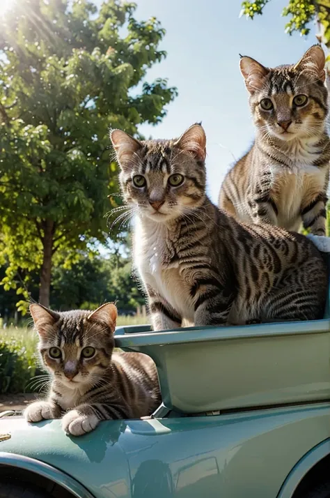 Mamma cat with their kittens, taking a ride at park, on a sunny afternoon.
