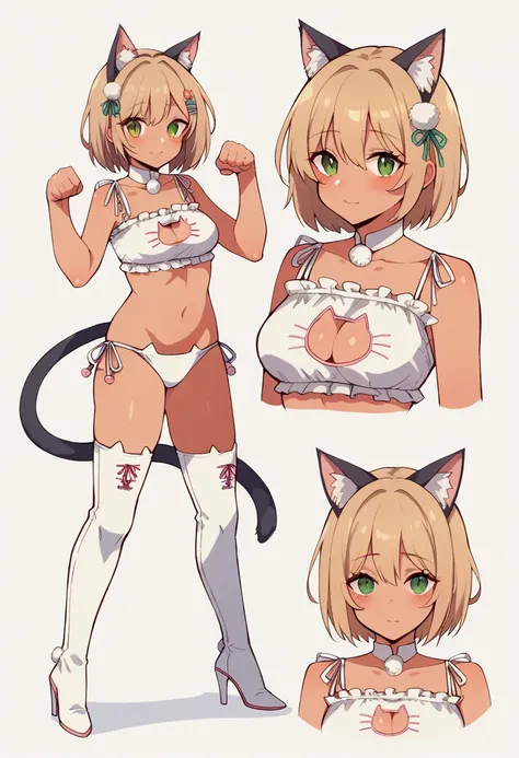 1girl, breasts, looking at viewer, blush, smile, short hair, bangs, blonde hair, simple background, hair ornament, thighhighs, white background, animal ears, cleavage, medium breasts, closed mouth, underwear, green eyes, standing, tail, full body, braid, b...