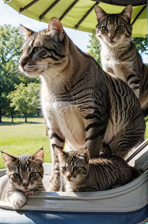 Mamma cat with their kittens, taking a ride at park, on a sunny afternoon.