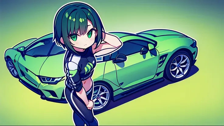 Logo of a girl with short black and green hair from a car customization company called Infortunio, wearing racing clothes and giving a thumbs up, alone and solitary.