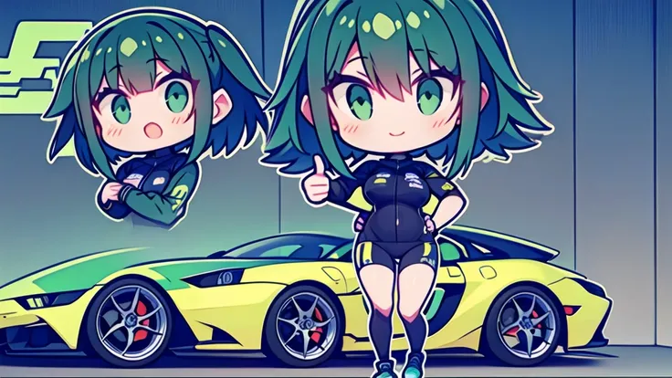 Logo of a girl with short black and green hair from a car customization company called Infortunio, wearing racing clothes and giving a thumbs up, alone and solitary.