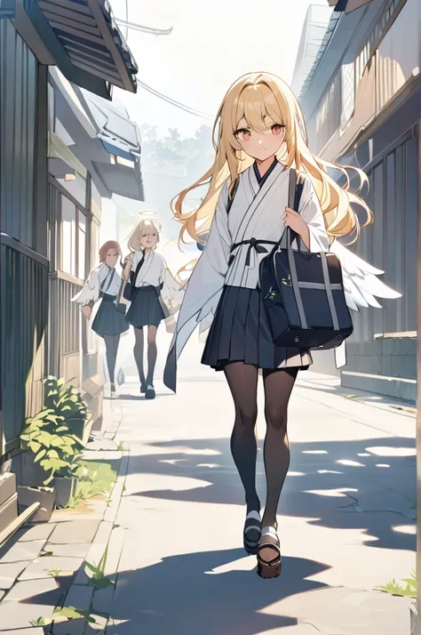 Angel girl , Small breasts, Long blonde hair ,White middle wings,Dressed in a Japanese , holding a Japanese school bag, walking to a high school 