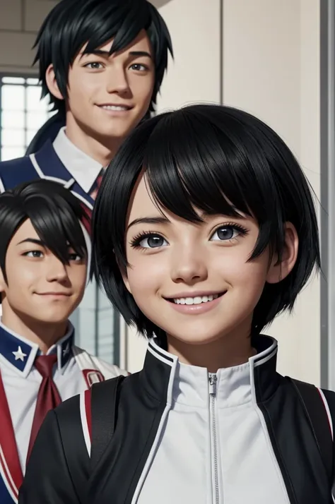 Screenshot of my hero academia.
Girl with straight and short black hair,with white locks,has a happy expression.He is wearing the UA uniform and in the background he has a UA school class