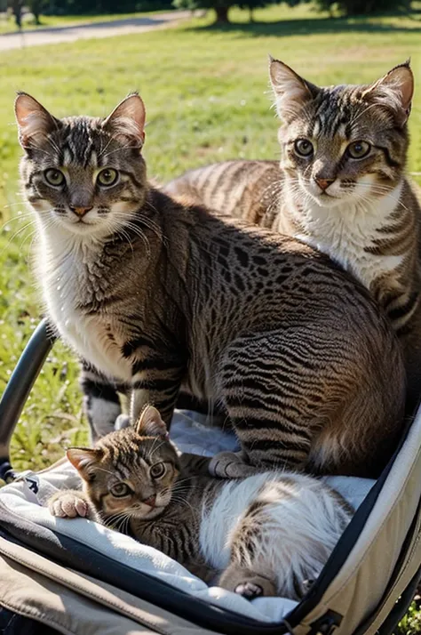 Mamma cat with their kittens, taking a ride at park, on a sunny afternoon.