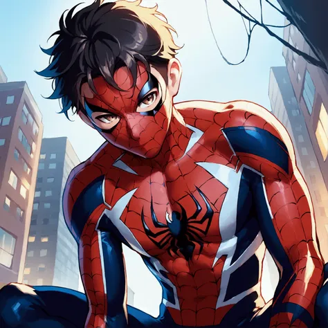 score_9, score_8_up, score_7_up, rating_explicit, source_anime, man, marvel spider man, black hair, pale skin, light brown eyes,...