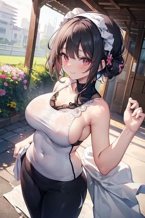 masterpiece、1 female student、(((Missing arm，Bare arms，Towel wrap)))White cloth bun、Shoulder leakage、chubby、Smile、(((Lace、black yoga pants)))pale pink lips、posing at school，（Soaked），legs are open， 独奏,  looking at the audience,  (Thick thighs:1.0),Red eyes, ...