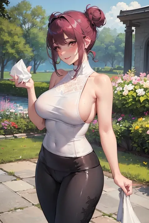 masterpiece、1 female student、(((Missing arm，Bare arms，Towel wrap)))White cloth bun、Shoulder leakage、chubby、Smile、(((Lace、black yoga pants)))pale pink lips、posing at school，（Soaked），legs are open， 独奏,  looking at the audience,  (Thick thighs:1.0),Red eyes, ...