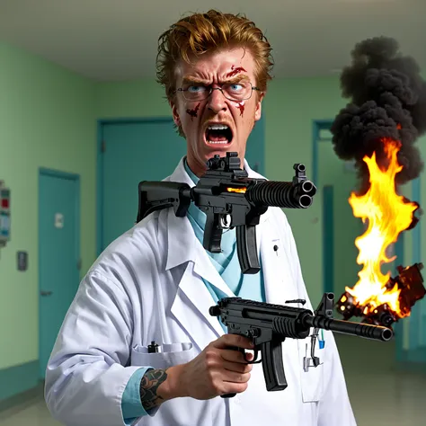 fry, holding machinegun, shot on eye, angry and rage, burn hospital