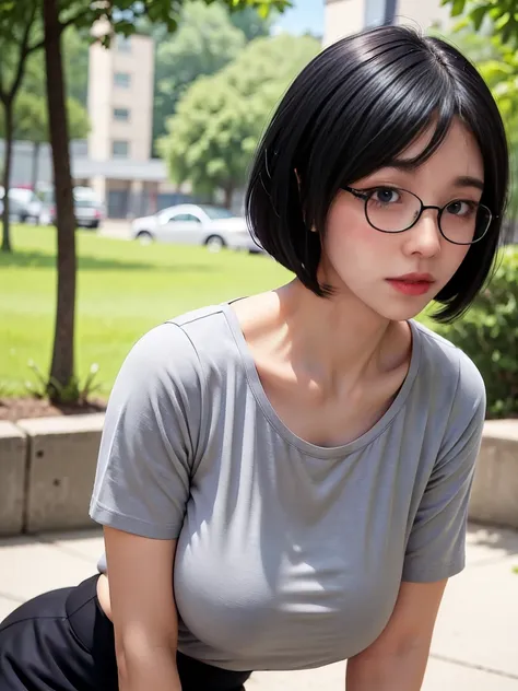 mature woman　(short hair)　(black short bob hair)　plump　　attractive appearance　rimless glasses　big eyes　expressions of joy　　very ...