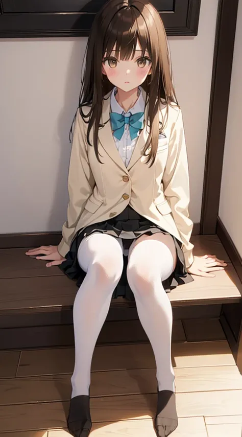 Top quality, masterpiece, High resolution, (Head to toe full body), front, frontやや下からの構図, Symmetric, Tall 18 year old girl, alone, (Head to toe), (Small breasts), Unkempt brown hair, bangs, (black tights), (Black Pantyhose), (Sit with your legs apart), (Cr...