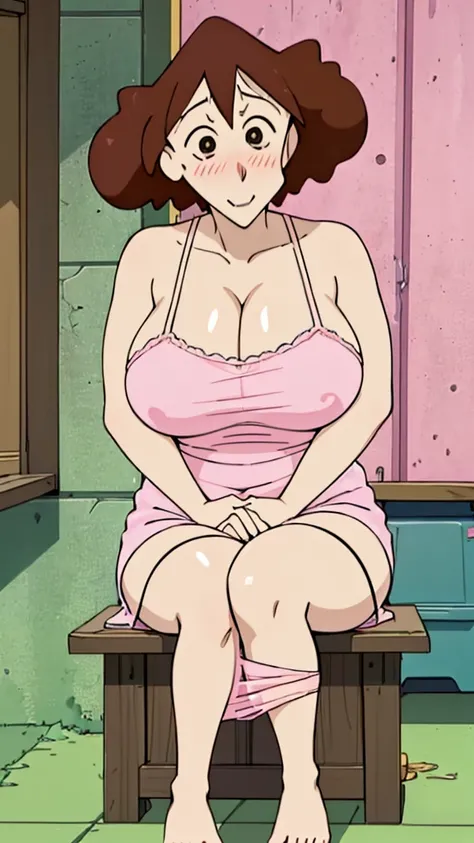 Misae Nohara, (Auntie:1.5), (Mature Woman:1.5), (absurderes, 8K, 4K, masutepiece, hyper extreme detailed:1.2), Best Quality, Perfect Anatomy,Perfect face,High humidity, (Huge breasts:1.7), (A sheer pink nightgown:1.4), (Wet:1.2), (.Alley:1.3), Graffitied w...