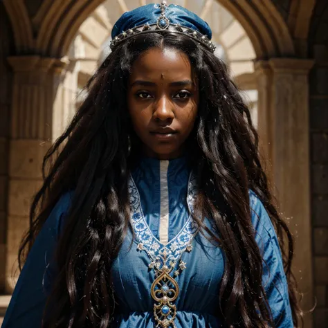 1girl, dark skinned girl, long curly hair, afro hair, long hair, wearing blue and white dress, black eyes, medieval crown, medieval, detailed portrait, high quality, 8k, photorealistic, hyper detailed, dramatic lighting, cinematic, vibrant colors, fantasy,...