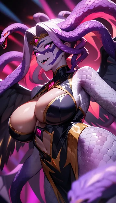 1girl,solo,super detailed skin,shiny skin,seductive smile,majestic wings,  medusa ,multicolored skin,fangs,glowing eyes,eyelashes ,snake hair,large breasts,beautifully shaped breasts,medusa clothes,vibrant colors ,standing ,masterpiece,best quality,ultra d...