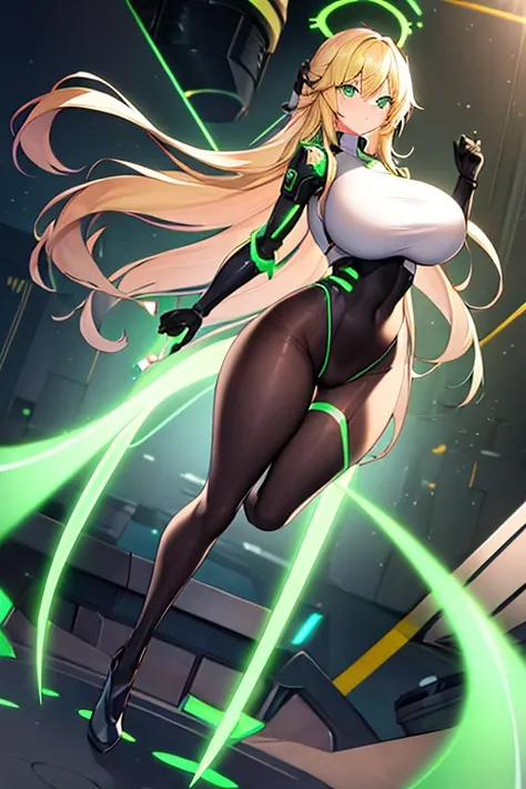 1girl, green eyes, blonde hair, long hair, large breasts, hourglass figure, bodysuit, white bodysuit, neon, neon trim, machinery, tech, science-fiction, futuristic, serious, standing, full body, ((full body)),, pantyhose, black pantyhose, wavy hair, fighti...