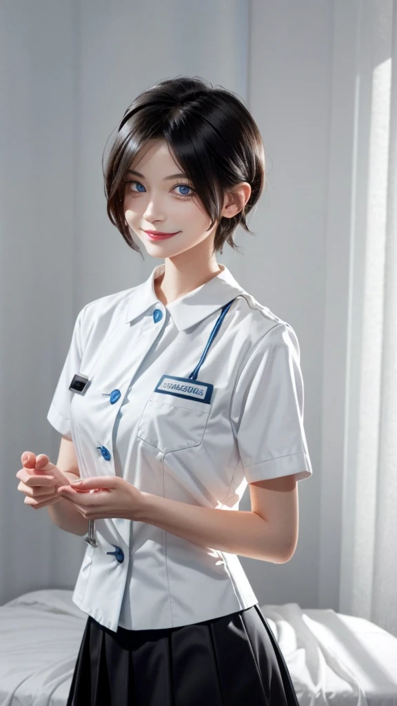 masterpiece, top quality, high resolution, masterpiece, adult woman in one, evil smile, evil smile, evil plan, black hair, white nurse uniform, short hair, blue eyes, mini skirt, hospital room, holding key