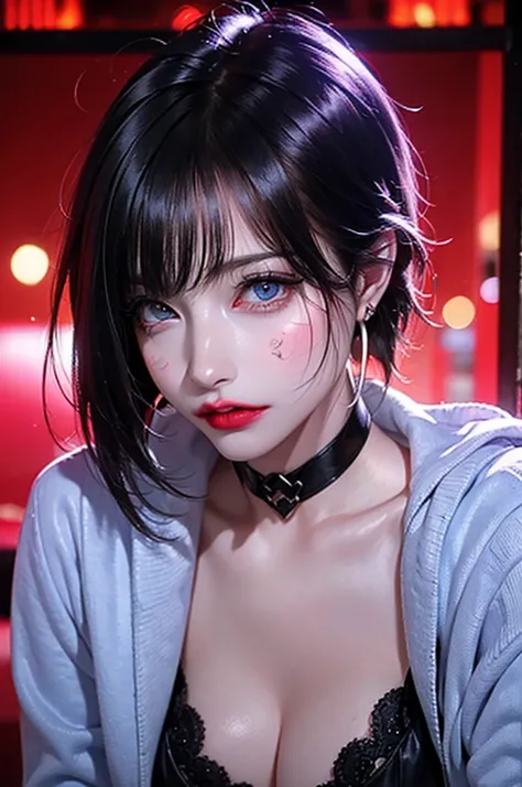 hair above one eye, red eyes, clear eyes, choker, open jacket, towards the wall,shining grafiti, shineing tattoos, shine, neon light, Black light,anime style, movie portrait photography, 1 female, 22 years ago, Full body Esbian,Blue eyes background, big an...